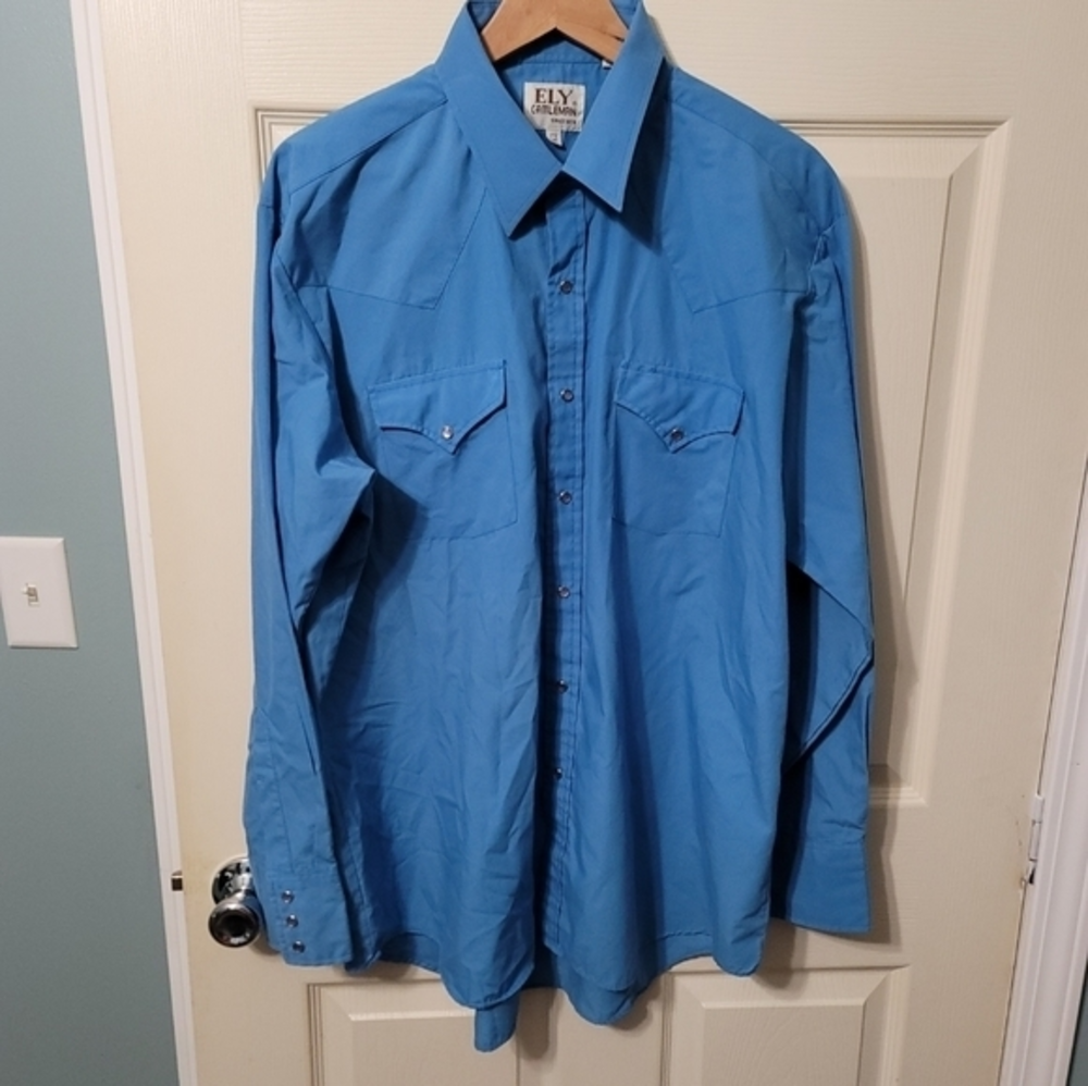 Ely Cattleman‎ Blue Pearl Snap LS Button-down Men's 17.5/35 Great Condition